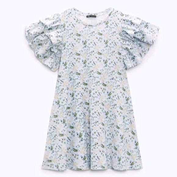 Zara Dresses & Skirts - Zara Blue Floral Ruffle Sleeve A-Line T Shirt Dress Women's Size Medium